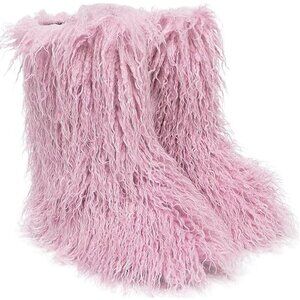 ✨ Women Pink Faux Fur Boots Mongolian Furry Boots for Winter Fluffy Fuzzy Boots